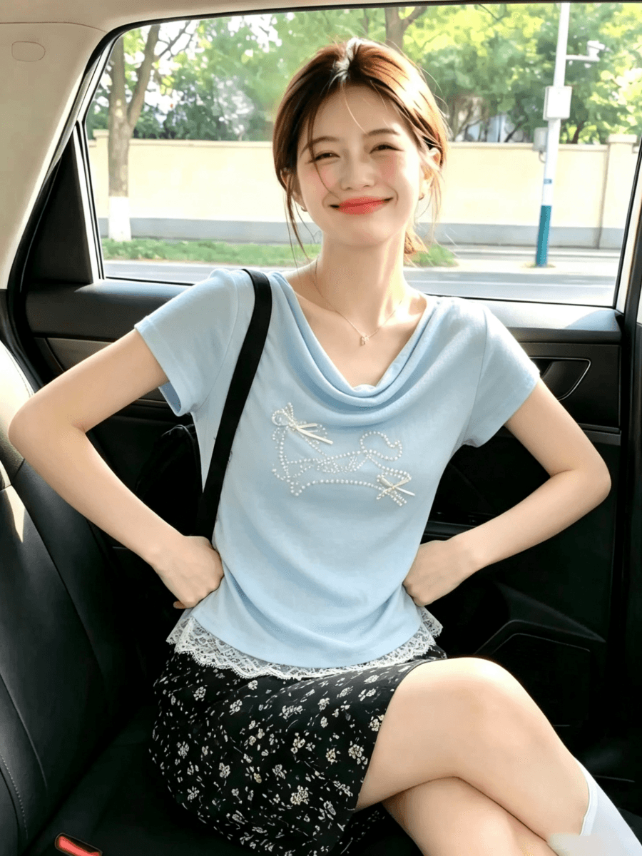 2026 년 여름 새로운 한국 스타일 3 차원 주문 구슬 출퇴근 몸매 가꾸기 디자인 센스 슬림해 보이는 다용도 반팔 티셔츠 상세 이미지 6