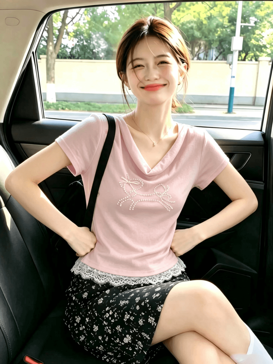 2026 년 여름 새로운 한국 스타일 3 차원 주문 구슬 출퇴근 몸매 가꾸기 디자인 센스 슬림해 보이는 다용도 반팔 티셔츠 상세 이미지 12