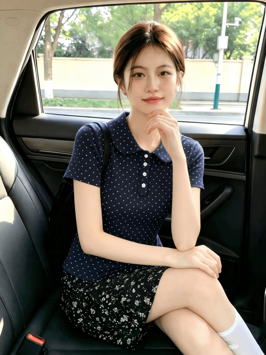 한 부서 달콤한 미적 감각 베이비 칼라 티셔츠 여름 여성 POLO 칼라 도트 무늬 별 버클 연령 감소 반팔 맨위 이미지 4