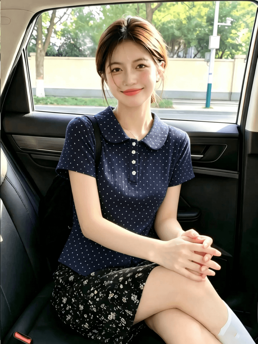 한 부서 달콤한 미적 감각 베이비 칼라 티셔츠 여름 여성 POLO 칼라 도트 무늬 별 버클 연령 감소 반팔 맨위 이미지 3