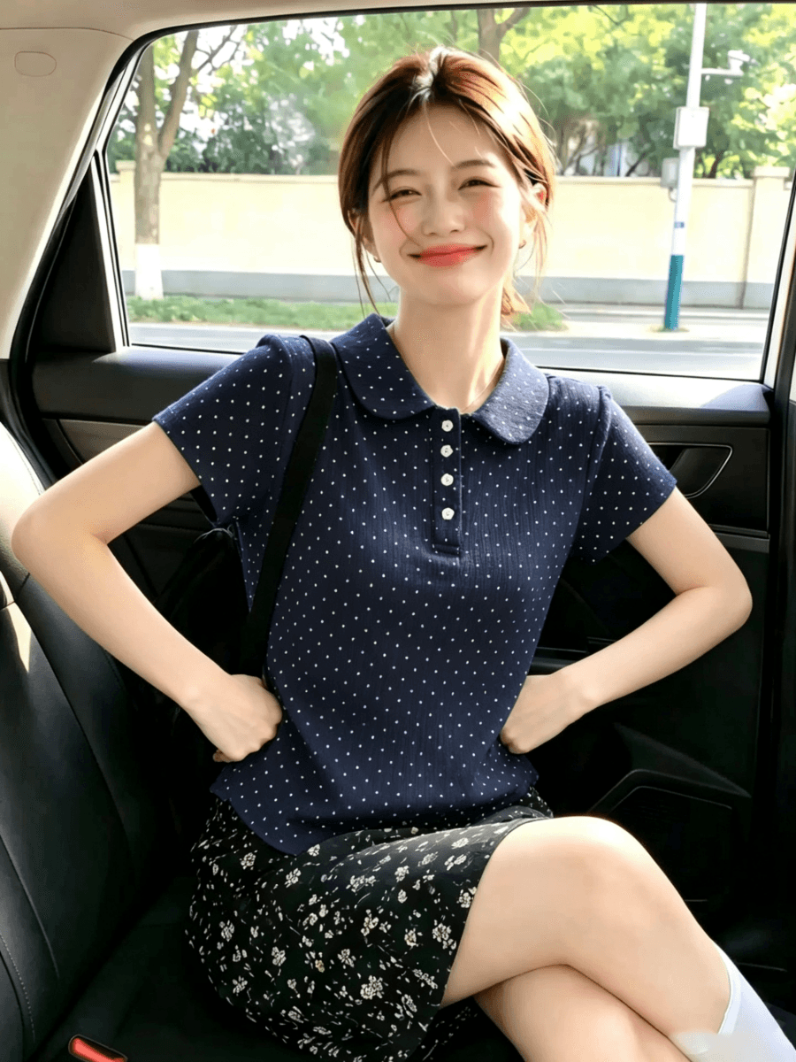 한 부서 달콤한 미적 감각 베이비 칼라 티셔츠 여름 여성 POLO 칼라 도트 무늬 별 버클 연령 감소 반팔 맨위 상세 이미지 7