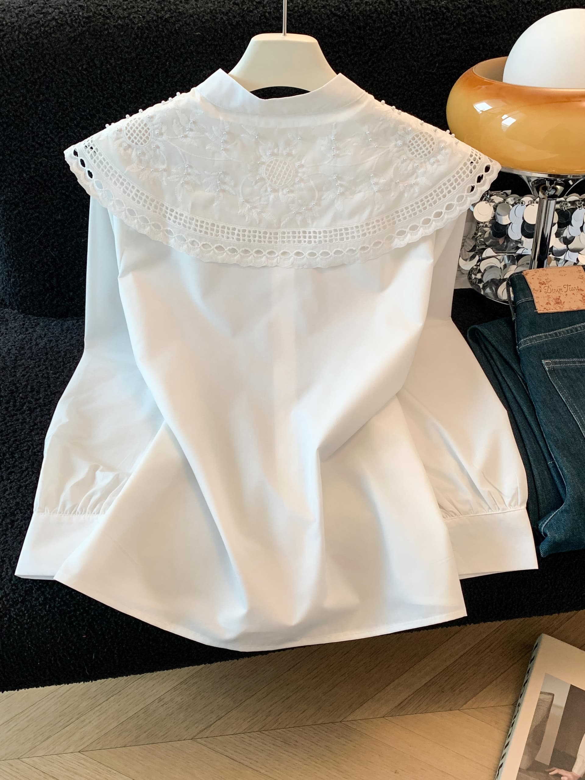 프랑스식 화이트 빛 럭셔리 연령 감소 베이비 칼라 자수 자카드 빅 칼라 긴팔 여성 셔츠 다용도 이미지 4