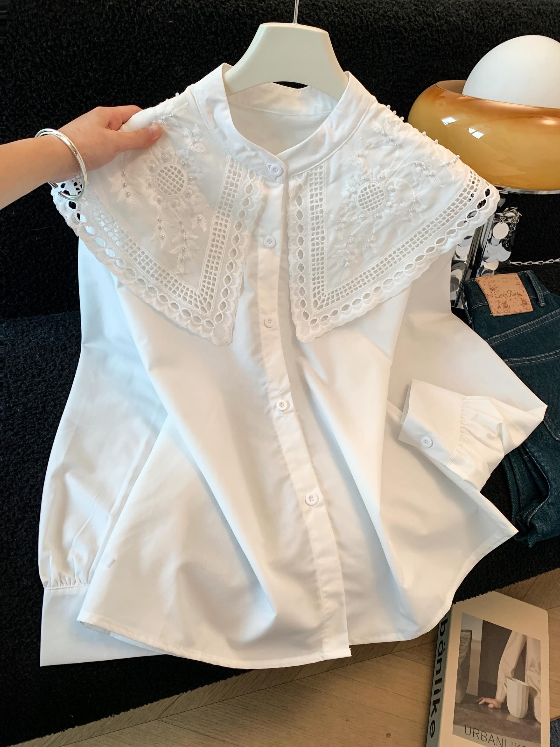 프랑스식 화이트 빛 럭셔리 연령 감소 베이비 칼라 자수 자카드 빅 칼라 긴팔 여성 셔츠 다용도 상세 이미지 2