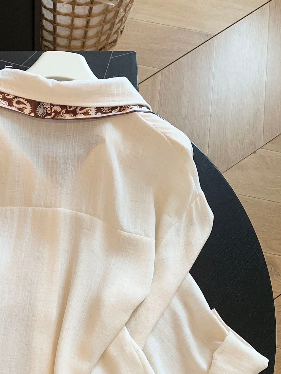 오래된 돈 바람 스카프 리본 POLO 칼라 반팔 여성 셔츠 가을 프랑스식 레트로 품격 출퇴근 다용도 셔츠 상세 이미지 10