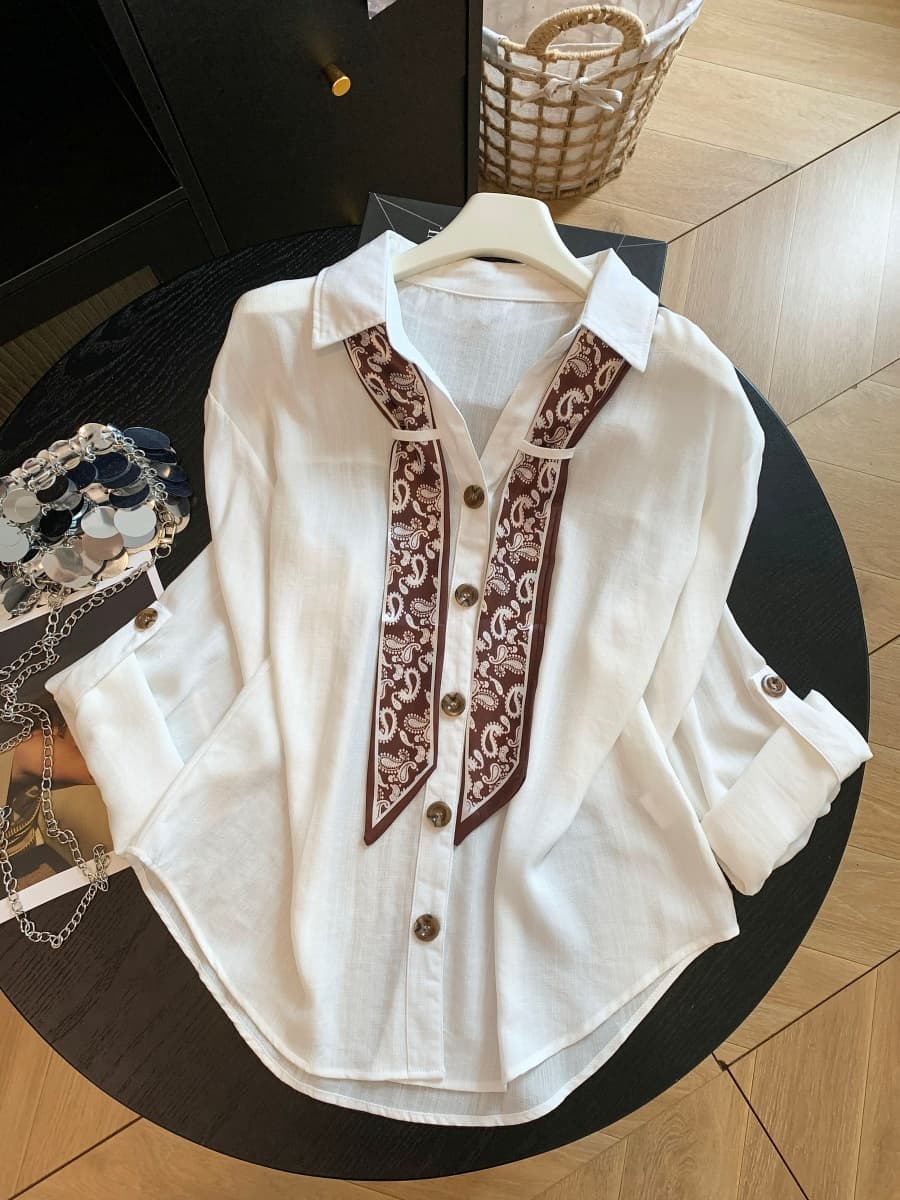 오래된 돈 바람 스카프 리본 POLO 칼라 반팔 여성 셔츠 가을 프랑스식 레트로 품격 출퇴근 다용도 셔츠 상세 이미지 14