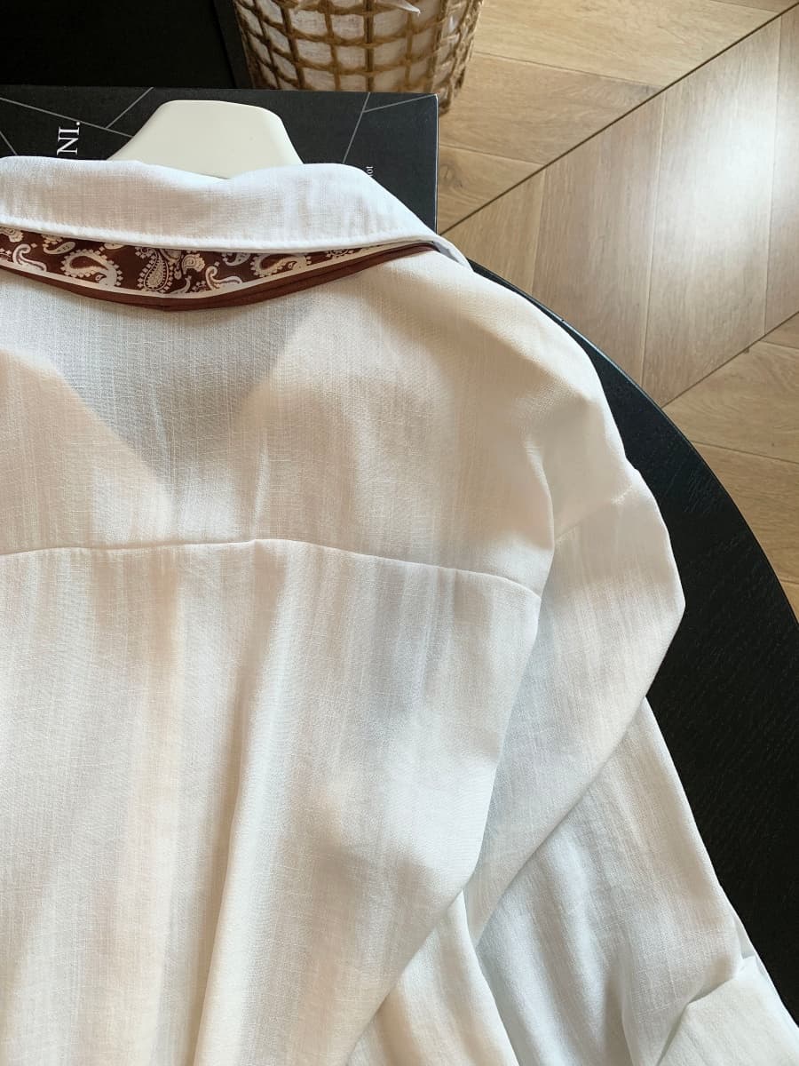 오래된 돈 바람 스카프 리본 POLO 칼라 반팔 여성 셔츠 가을 프랑스식 레트로 품격 출퇴근 다용도 셔츠 상세 이미지 18