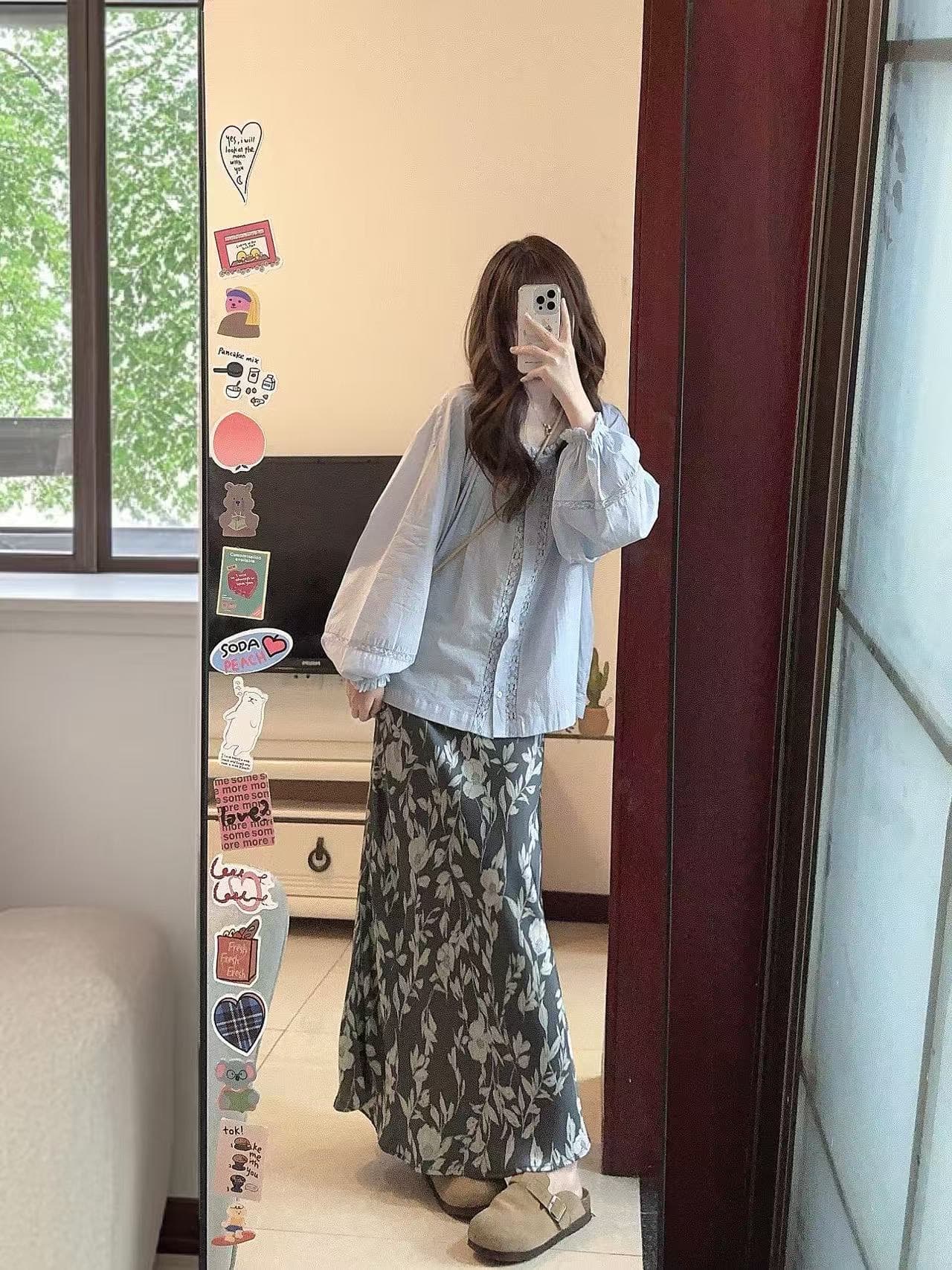 작은 키 프랑스식 긴팔 셔츠 세트 여성 고유 한 보트 기계 착용 가져 가라. 전체 집합 자이언트 잘 생긴 품격 패션 롱 스커트 상세 이미지 5