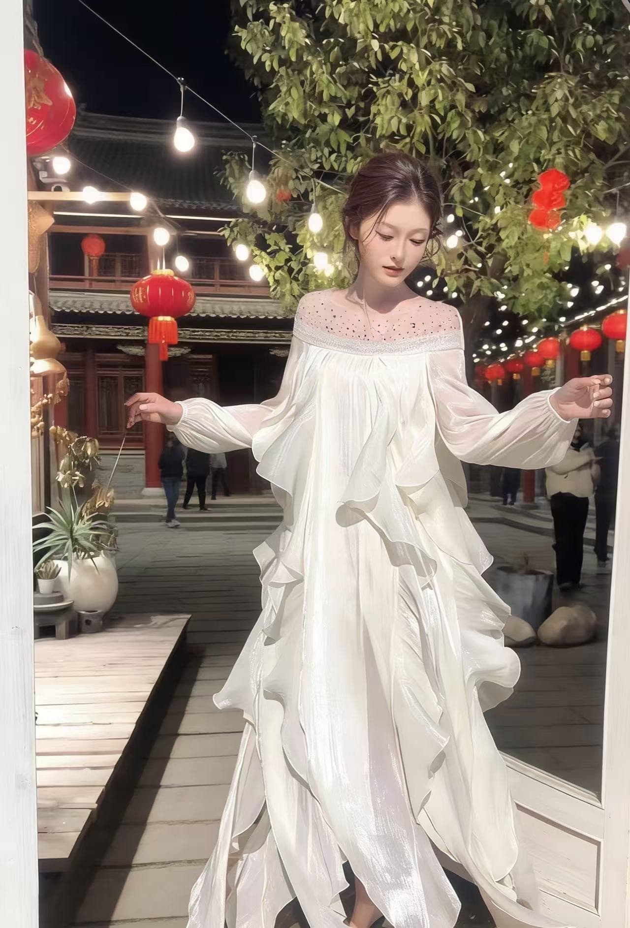 프랑스식 핫픽스 반짝임 오프숄더 망사 여성 드레스 봄 디자인 센스 품격 명문 여성 생일 예복 롱 스커트 상세 이미지 3