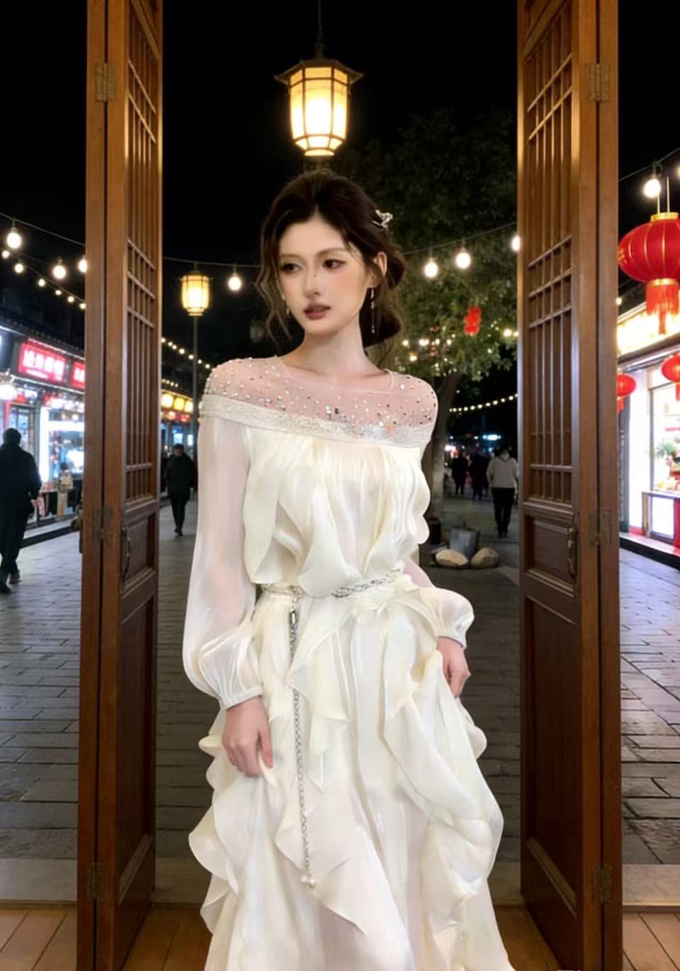 프랑스식 핫픽스 반짝임 오프숄더 망사 여성 드레스 봄 디자인 센스 품격 명문 여성 생일 예복 롱 스커트 상세 이미지 5