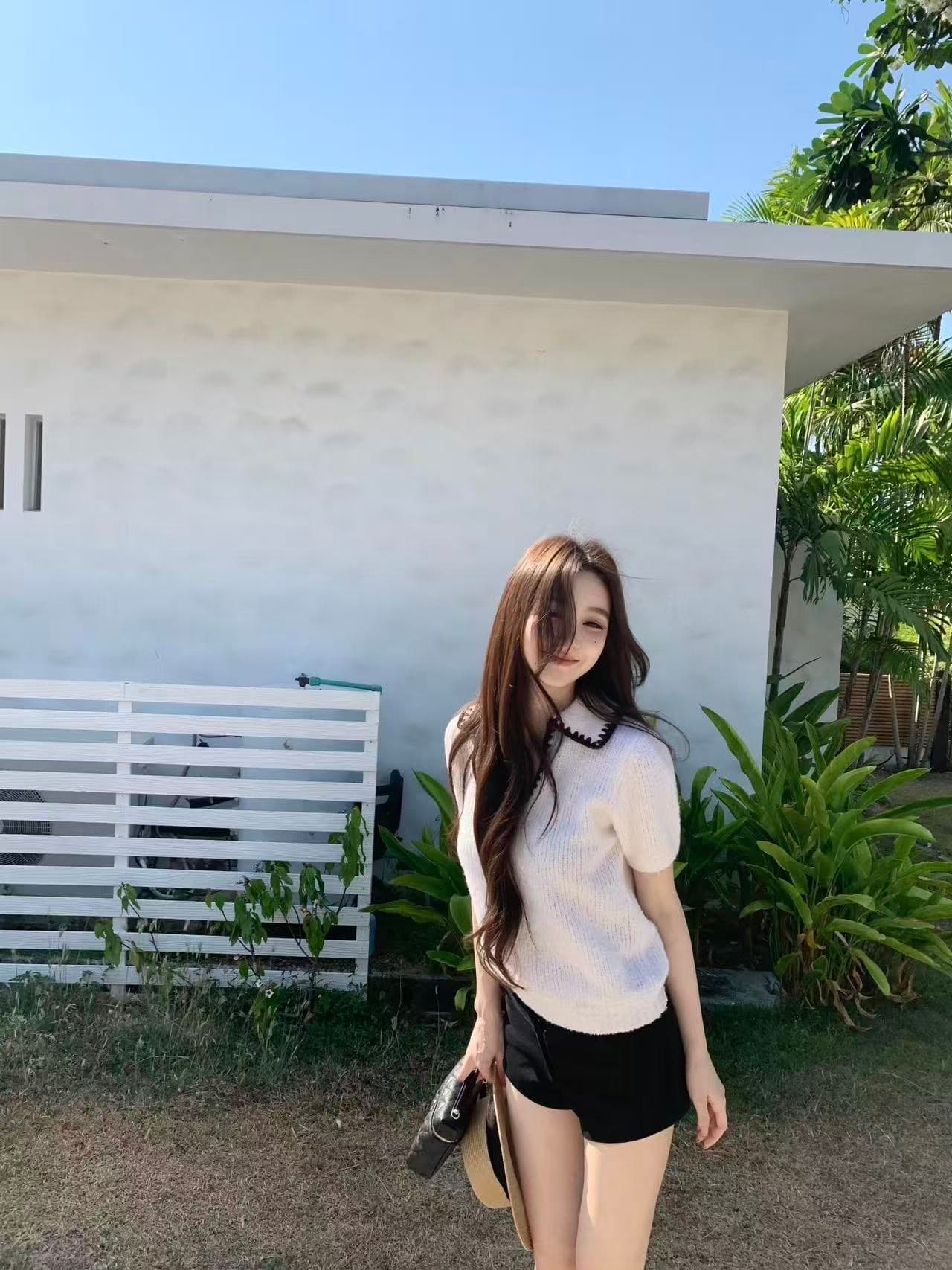 프랑스식 화이트 폴로 칼라 작은 샤넬 스타일 니트 스웨터 여성 여름 고급 천 골드 센스 품격 루즈핏 아름다운 반팔 맨위 상세 이미지 2
