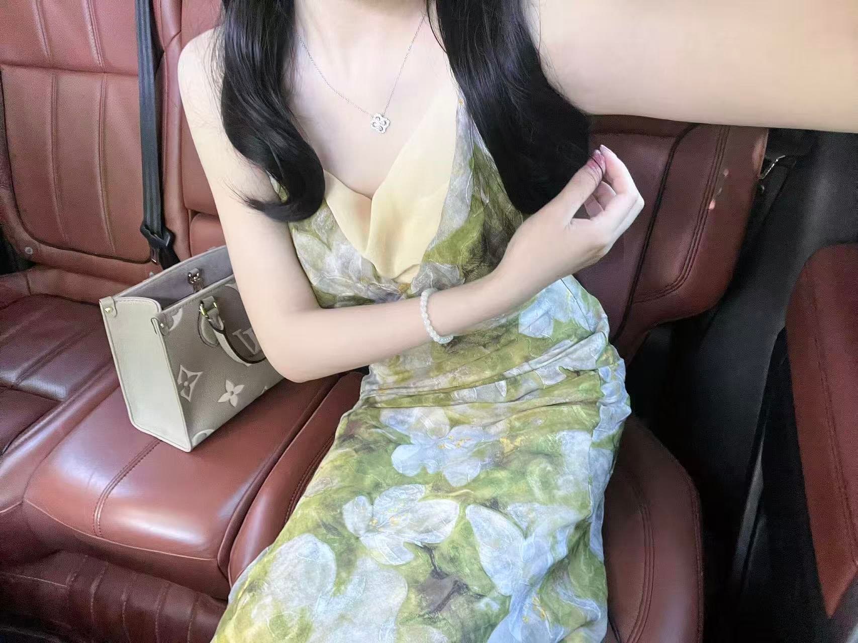프랑스식 흔들다 칼라 녹색 꽃무늬 행침 목 슬립 여성 드레스 여름 여행 휴가 치마 고급 센스 타이트 스커트 롱 스커트 이미지 2