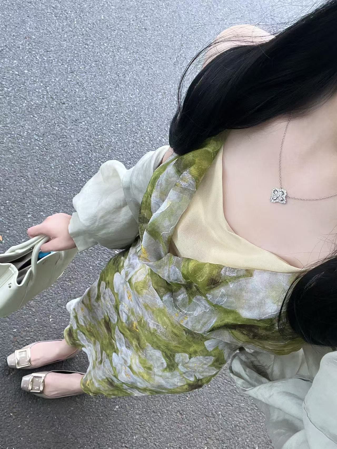 프랑스식 흔들다 칼라 녹색 꽃무늬 행침 목 슬립 여성 드레스 여름 여행 휴가 치마 고급 센스 타이트 스커트 롱 스커트 상세 이미지 5