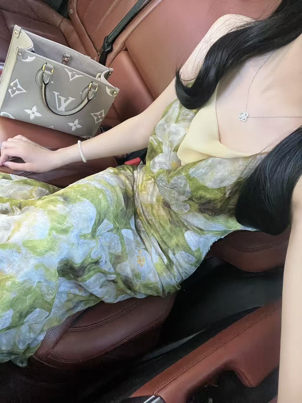 프랑스식 흔들다 칼라 녹색 꽃무늬 행침 목 슬립 여성 드레스 여름 여행 휴가 치마 고급 센스 타이트 스커트 롱 스커트 상세 이미지 6