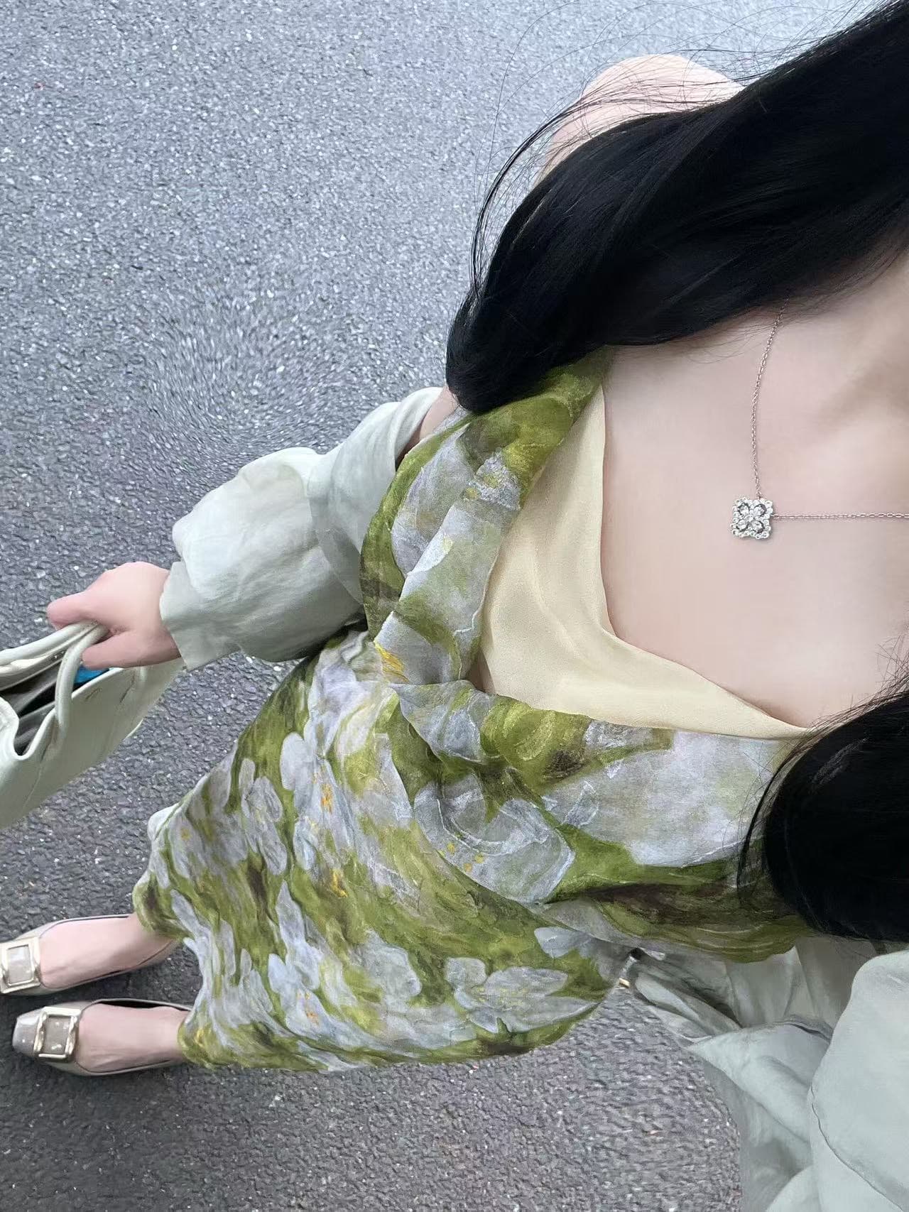 프랑스식 흔들다 칼라 녹색 꽃무늬 행침 목 슬립 여성 드레스 여름 여행 휴가 치마 고급 센스 타이트 스커트 롱 스커트 상세 이미지 8