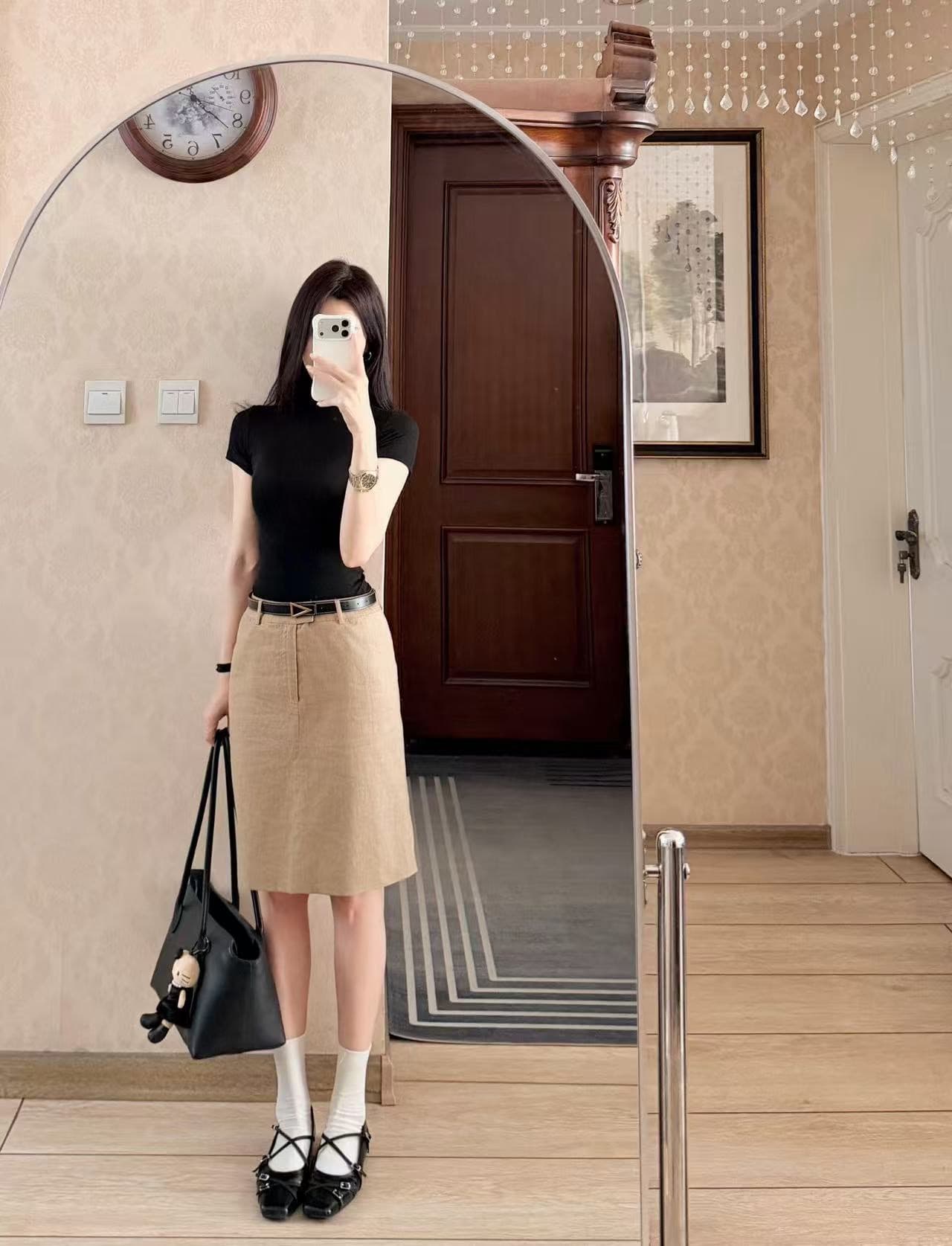 프랑스식 레트로 카키 라미 치마 반신 스커트 여성 봄 여름 새로운 다용도 캐주얼 이후 중 트임 정장 중 치마 이미지 2