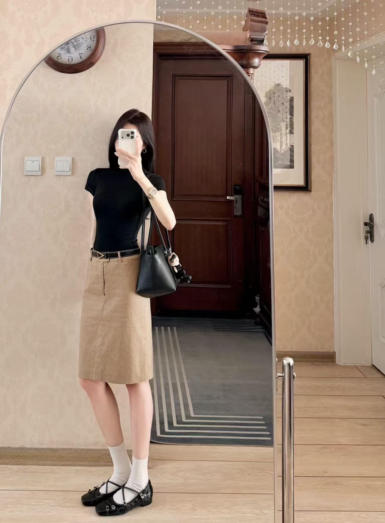 프랑스식 레트로 카키 라미 치마 반신 스커트 여성 봄 여름 새로운 다용도 캐주얼 이후 중 트임 정장 중 치마 상세 이미지 1