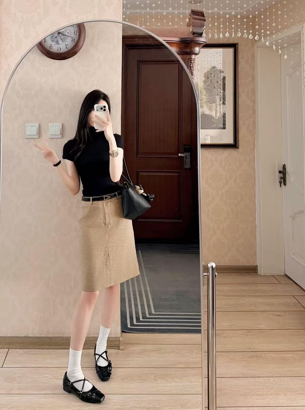 프랑스식 레트로 카키 라미 치마 반신 스커트 여성 봄 여름 새로운 다용도 캐주얼 이후 중 트임 정장 중 치마 상세 이미지 3