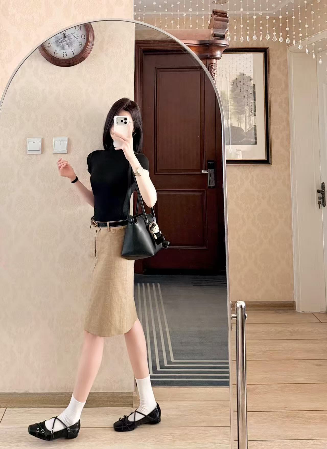 프랑스식 레트로 카키 라미 치마 반신 스커트 여성 봄 여름 새로운 다용도 캐주얼 이후 중 트임 정장 중 치마 상세 이미지 6