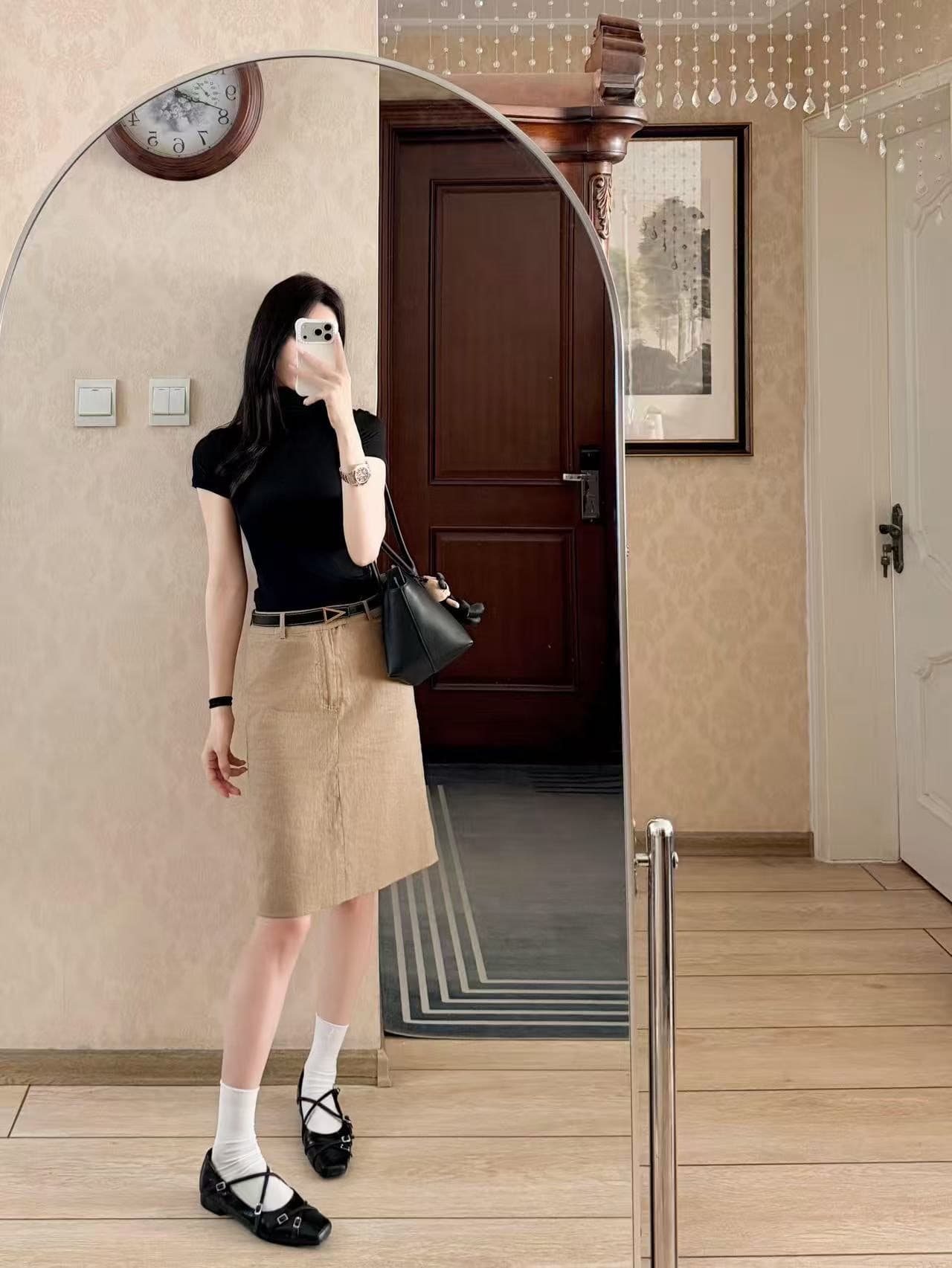 프랑스식 레트로 카키 라미 치마 반신 스커트 여성 봄 여름 새로운 다용도 캐주얼 이후 중 트임 정장 중 치마 상세 이미지 7