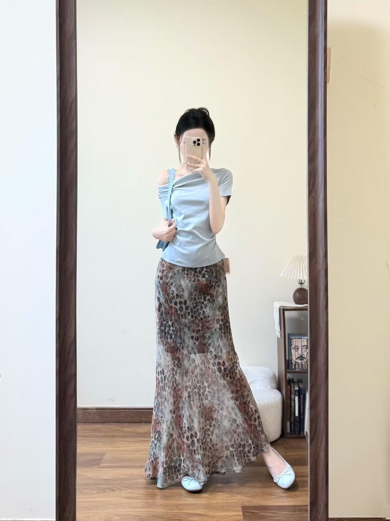 고급 자이언트 잘 생긴 레오파드 무늬 쉬폰 타이트 스커트 인어 꼬리 반신 스커트 여성 튀김 거리 고유 한 아름다운 반 스커트 롱 스커트 투피스 세트 상세 이미지 1