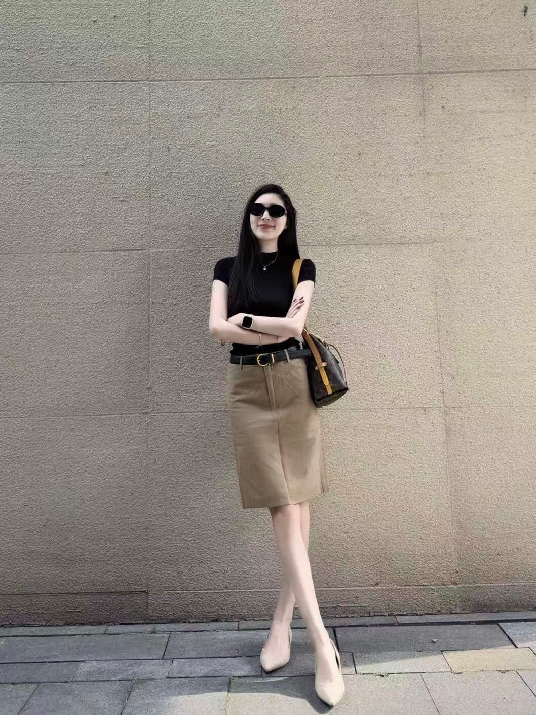 프랑스식 레트로 카키 라미 치마 반신 스커트 여성 봄 여름 새로운 다용도 캐주얼 이후 중 트임 정장 중 치마 상세 이미지 2