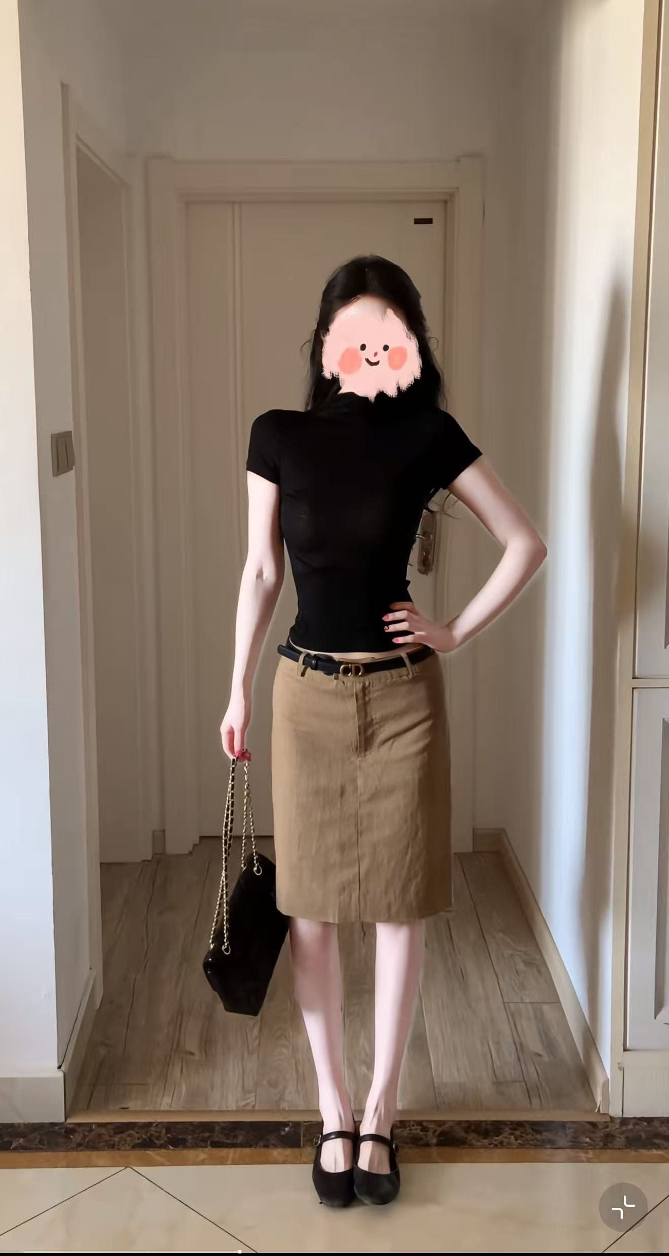 프랑스식 레트로 카키 라미 치마 반신 스커트 여성 봄 여름 새로운 다용도 캐주얼 이후 중 트임 정장 중 치마 이미지 3