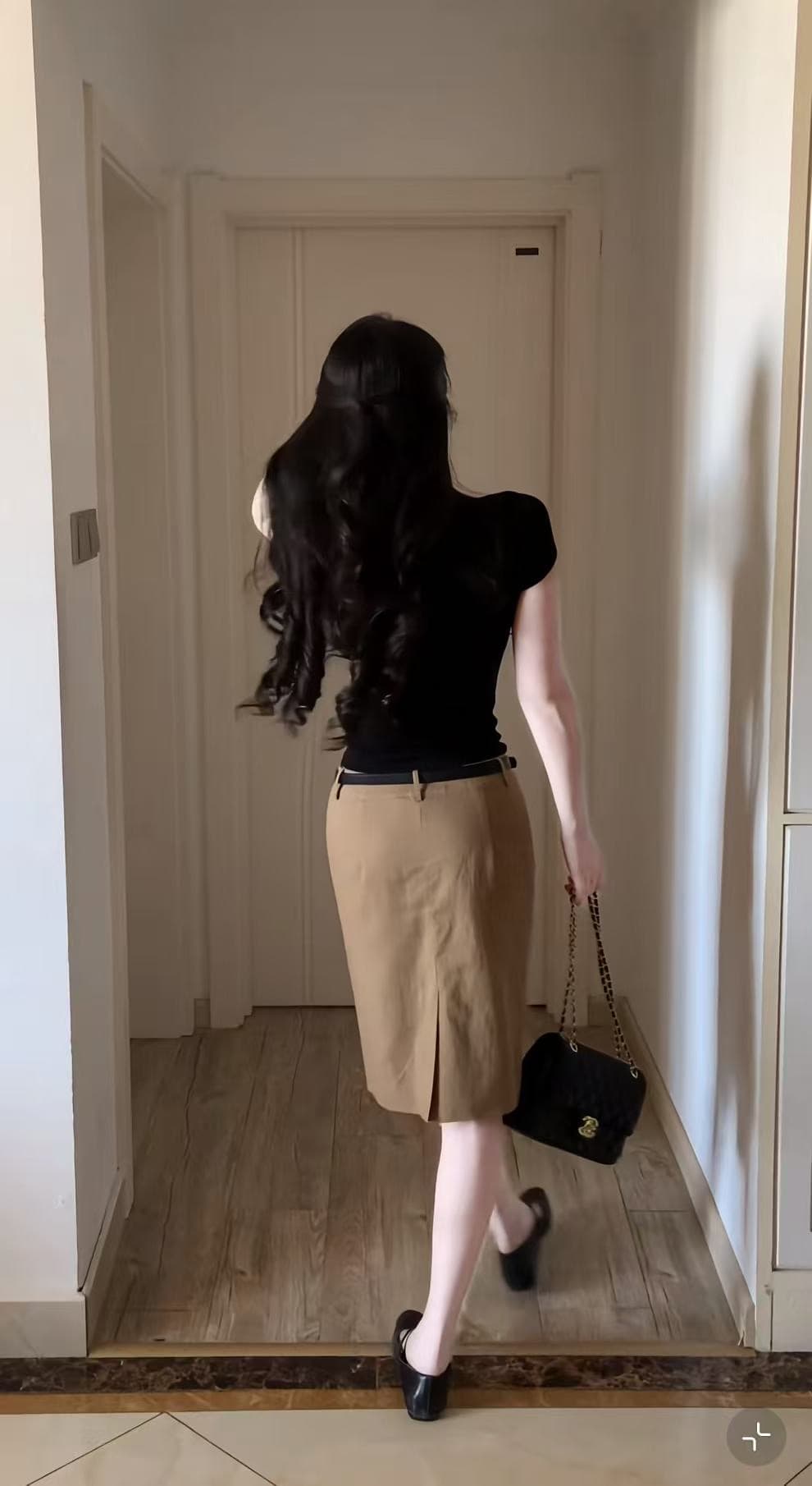 프랑스식 레트로 카키 라미 치마 반신 스커트 여성 봄 여름 새로운 다용도 캐주얼 이후 중 트임 정장 중 치마 이미지 5