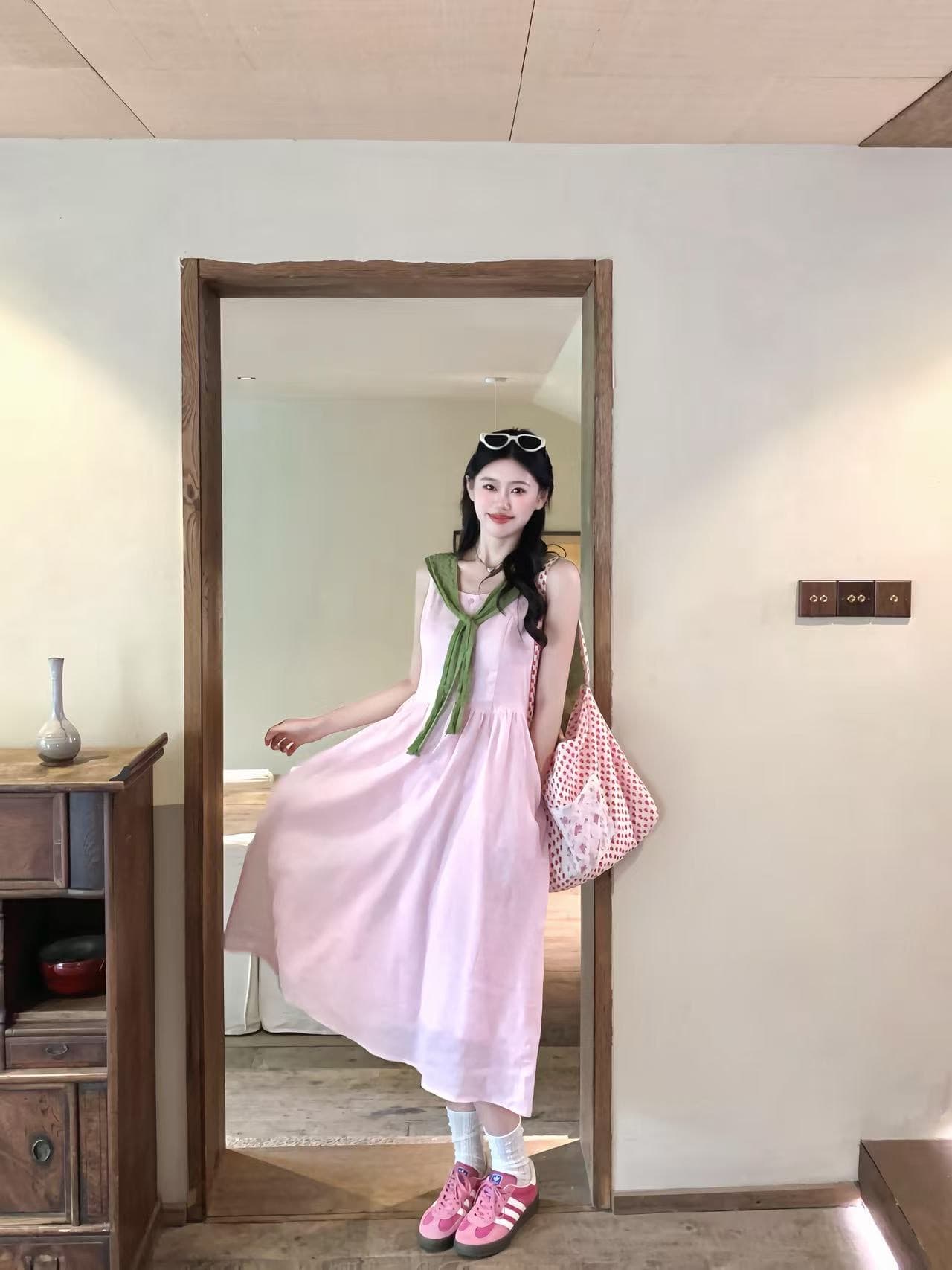 한 부서 부드러운 핑크색 민소매 슬립 여성 드레스 여름 신선함 배색 녹색 숄 투피스 세트 이미지 2
