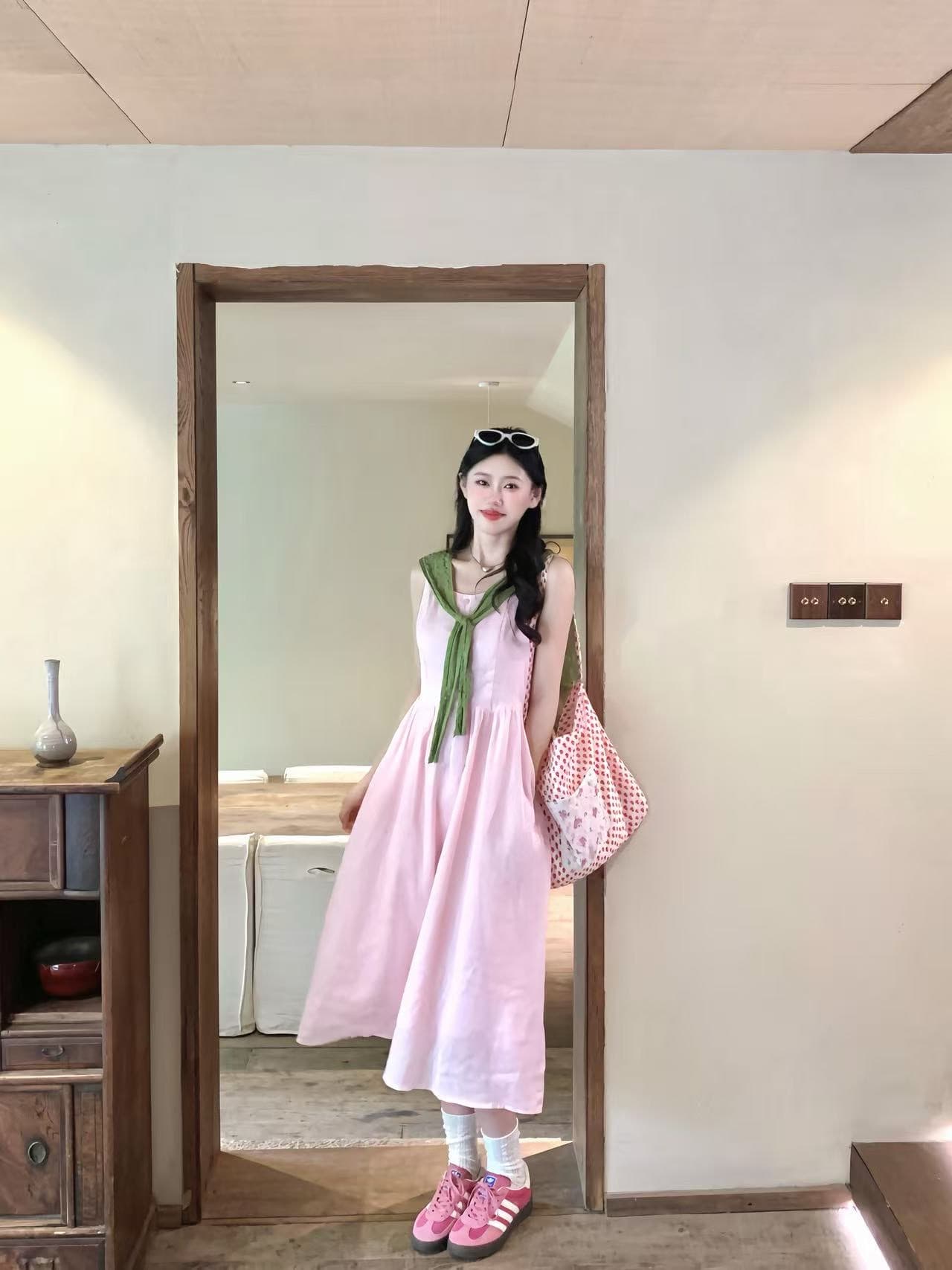 한 부서 부드러운 핑크색 민소매 슬립 여성 드레스 여름 신선함 배색 녹색 숄 투피스 세트
