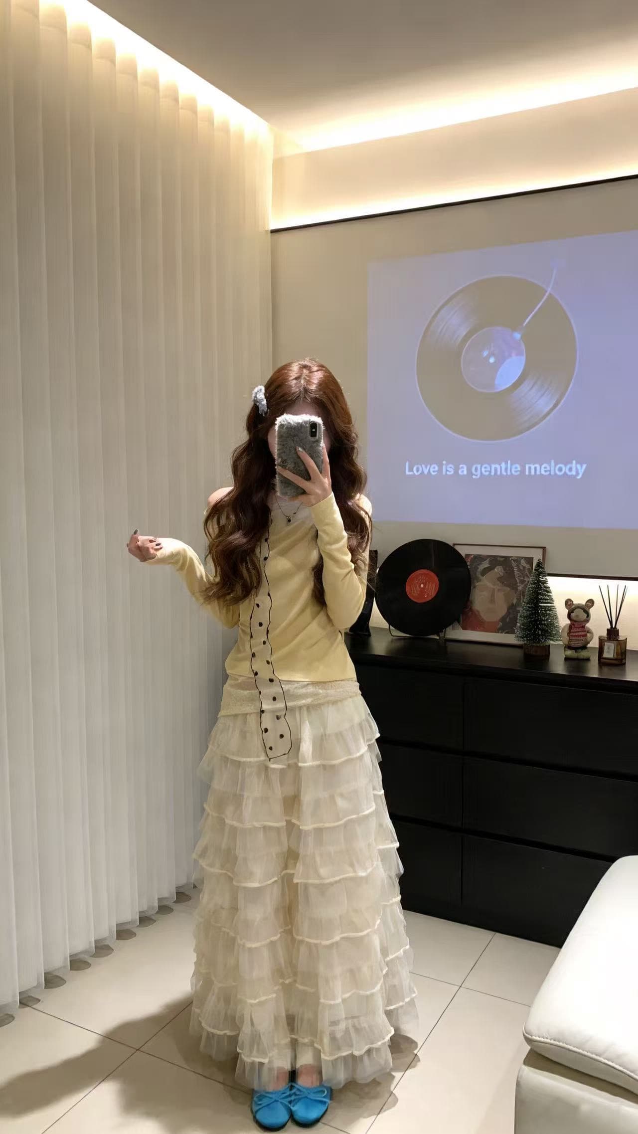 이른 가을 달콤한 핫걸 한 단어 가을 어깨 밝은 노란색 맨위 여성 디자인 센스 패치워크 긴팔 티셔츠 몸매 가꾸기 만나는 세트 상세 이미지 4