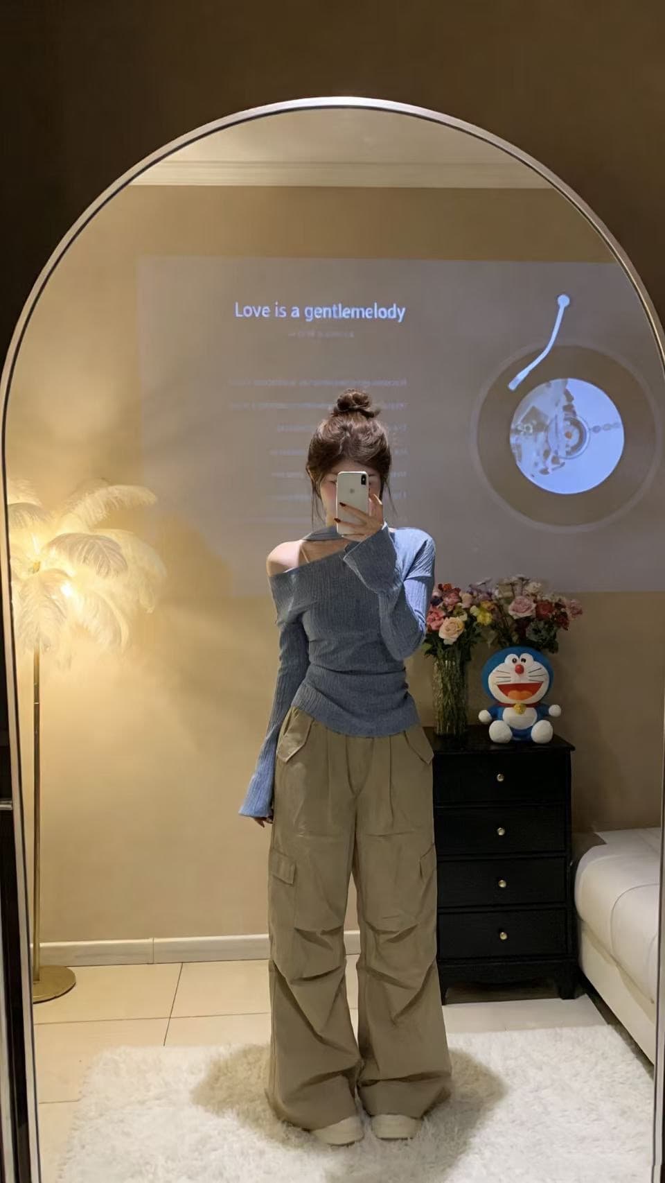 프랑스식 고급 센스 행침 목 리본 하늘색 맨위 여성 이른 봄 달콤한 매운맛 한 단어 오프숄더 긴팔 니트 투피스 세트