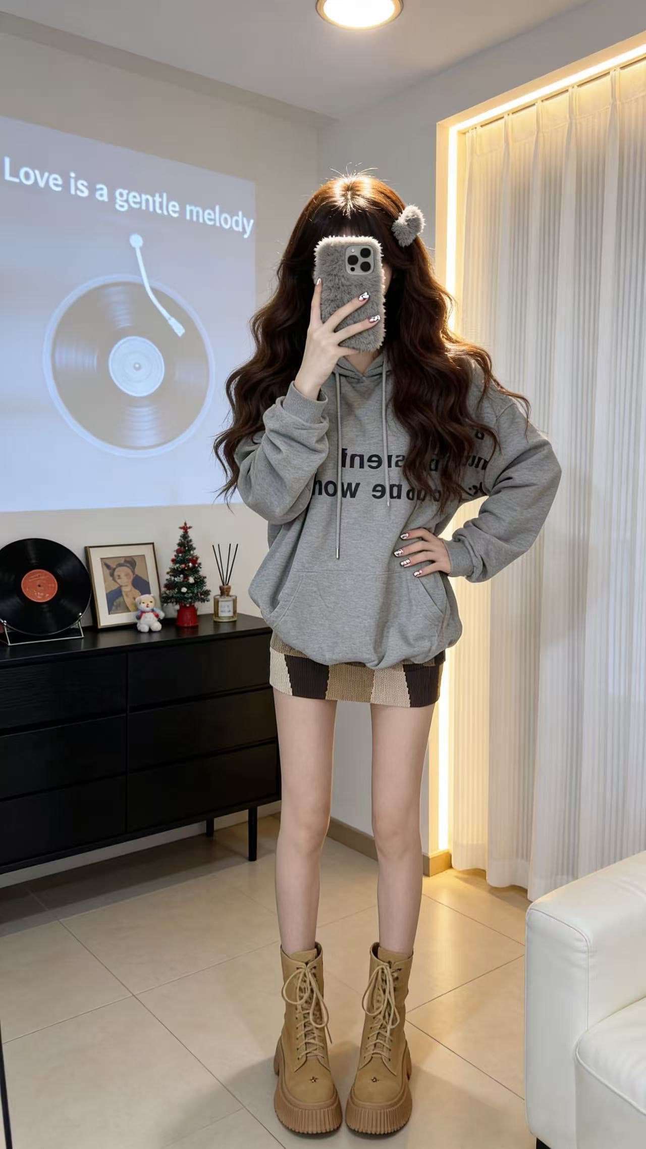 이른 가을 아메리칸 레트로 풀오버 후드 긴팔 후드티 여성 디자인 센스 작은 대중 알파벳 프린트 회색 투피스 슈트 상세 이미지 3