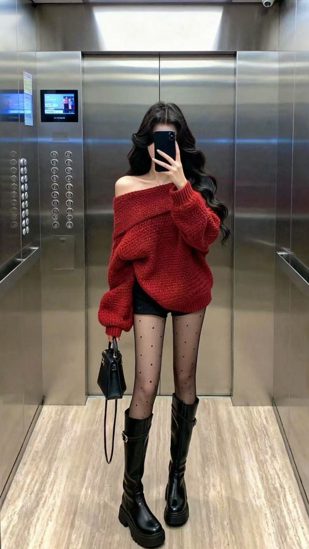 느긋한 고급 센스 크리스마스 새해 빨간색 스웨터 여자 가을 겨울 디자인 센스 오프숄더 폴로 칼라 니트 스웨터 신년 치마 상세 이미지 1