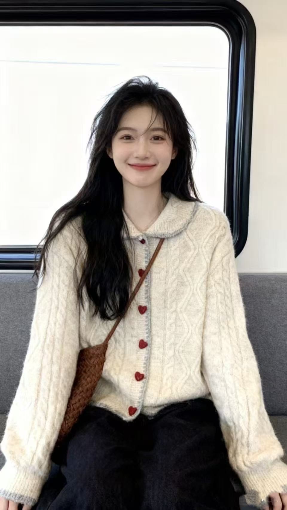 한 부서 느긋한 바람 베이비 칼라 긍정적 인 어깨 스웨터 여성 코트 2026 가을 빅 사이즈 지방 mm 하트 버클 니트 오픈 가디건 이미지 4