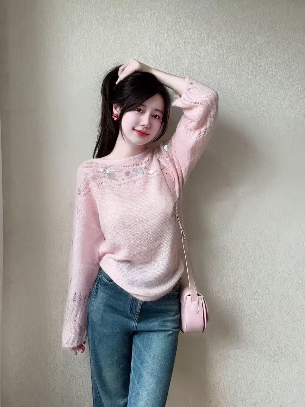 디스플레이 화이트 달콤한 스타일 박하 녹색 모헤어 스웨터 여자 스팽글 홀로우 아웃 신선함 디자인 센스 니트 스웨터 맨위 이미지 4