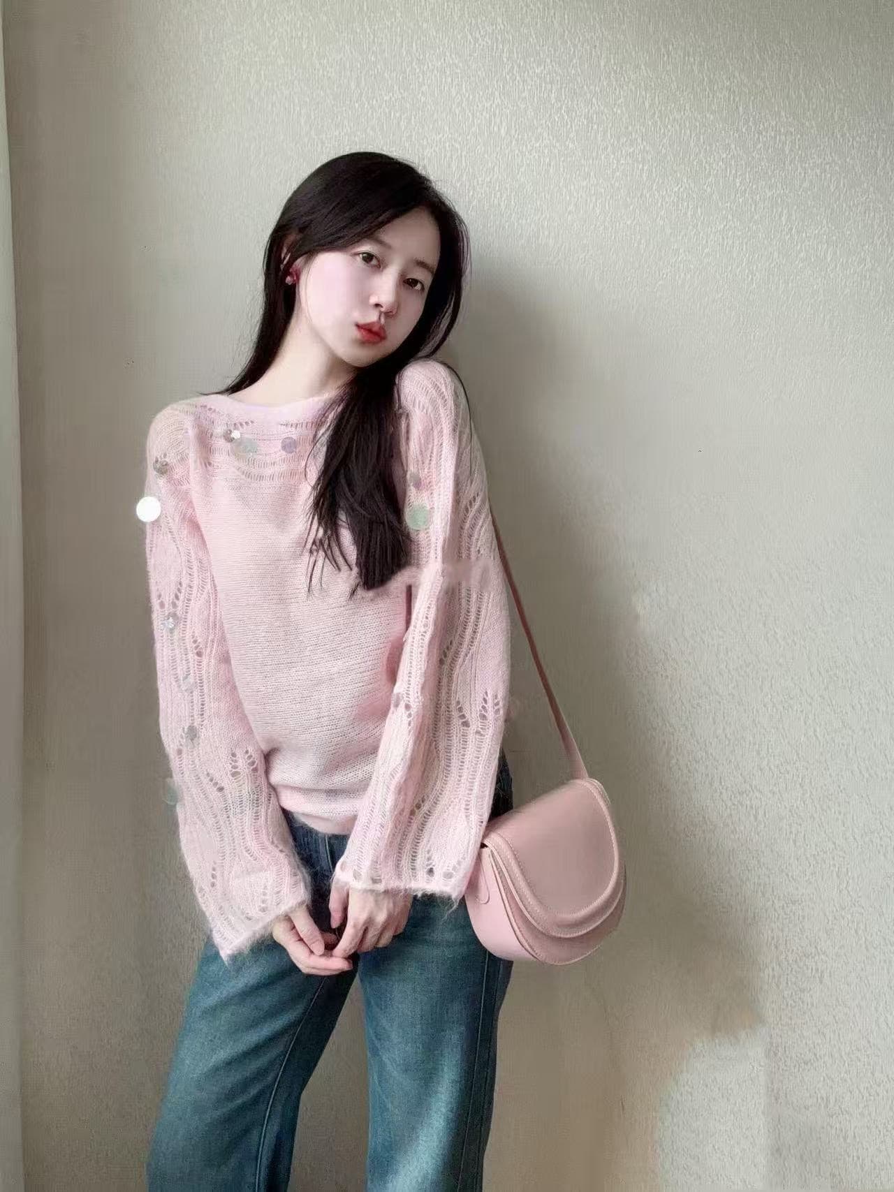 디스플레이 화이트 달콤한 스타일 박하 녹색 모헤어 스웨터 여자 스팽글 홀로우 아웃 신선함 디자인 센스 니트 스웨터 맨위 이미지 2