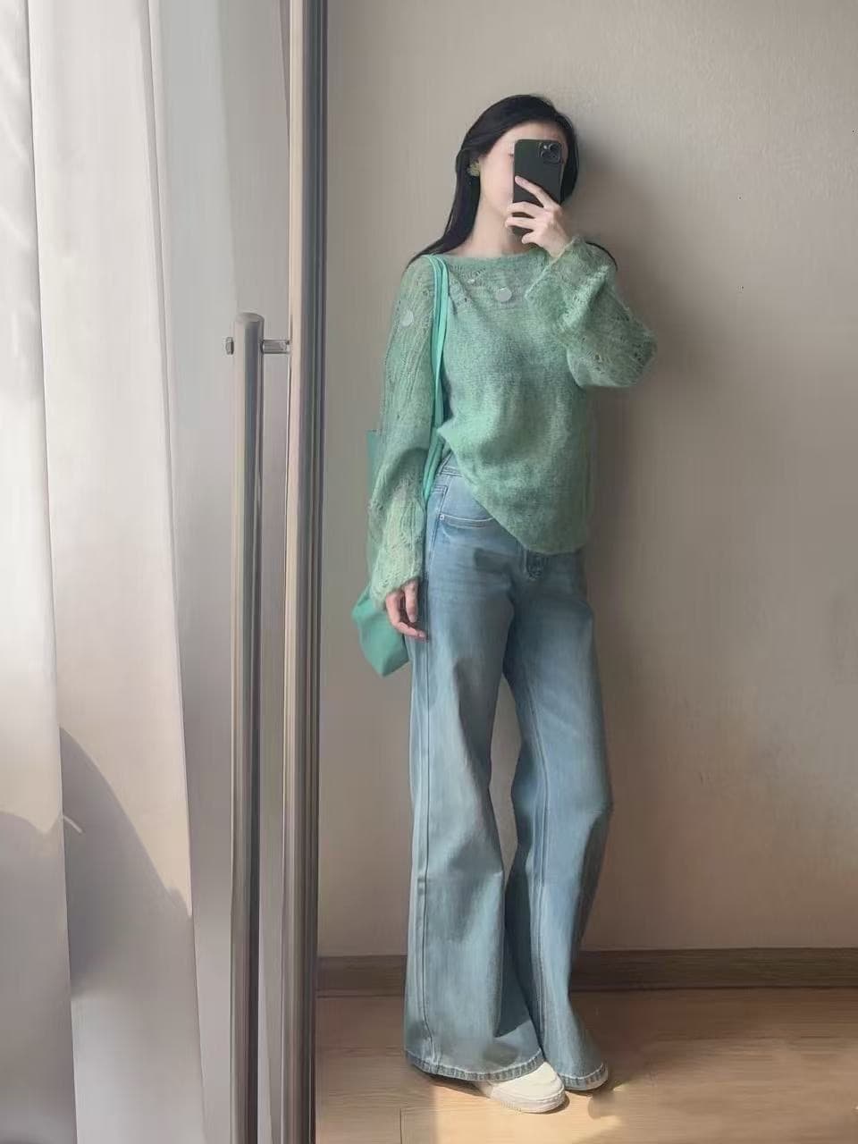 디스플레이 화이트 달콤한 스타일 박하 녹색 모헤어 스웨터 여자 스팽글 홀로우 아웃 신선함 디자인 센스 니트 스웨터 맨위 상세 이미지 2