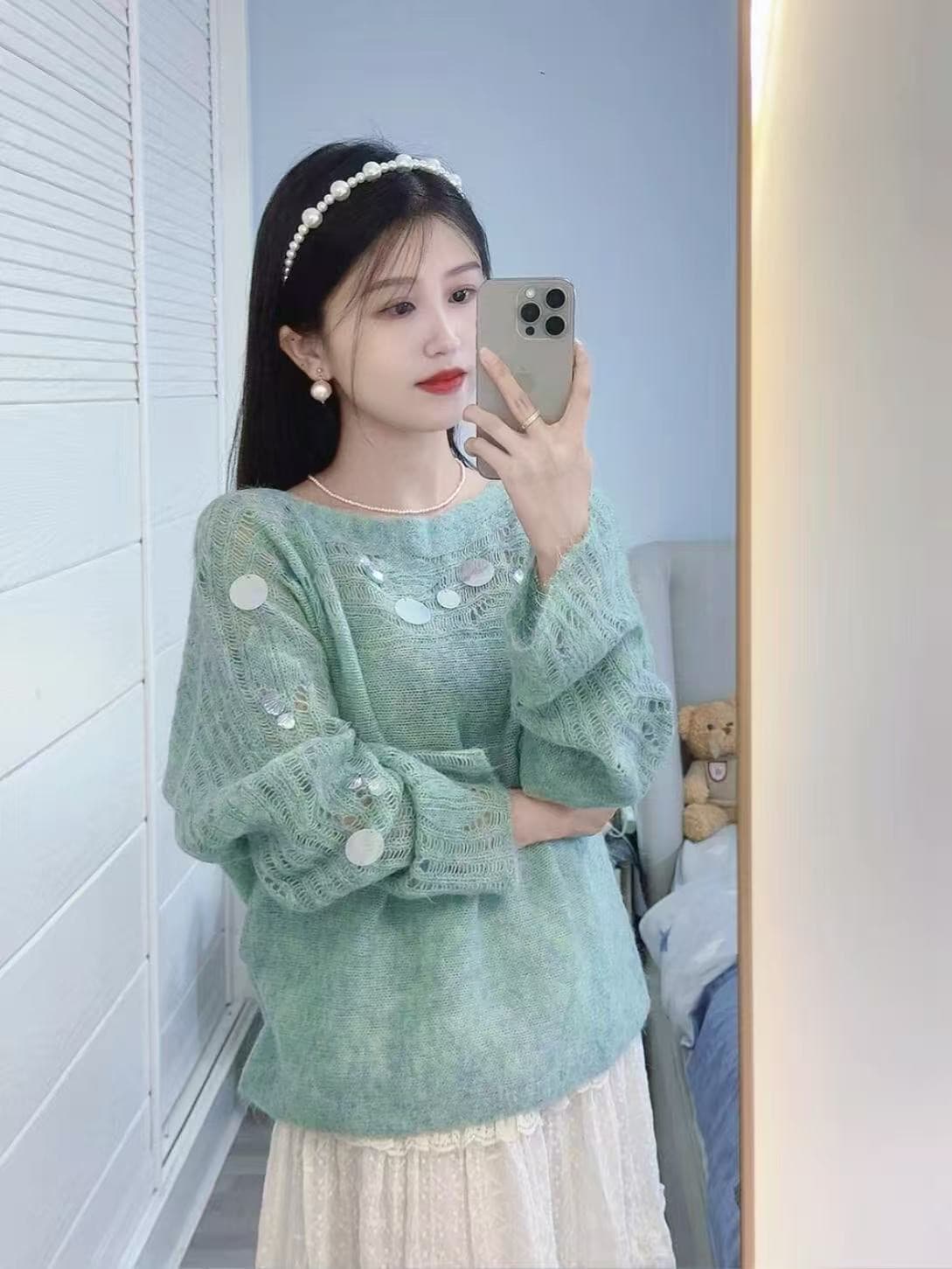 디스플레이 화이트 달콤한 스타일 박하 녹색 모헤어 스웨터 여자 스팽글 홀로우 아웃 신선함 디자인 센스 니트 스웨터 맨위 상세 이미지 5