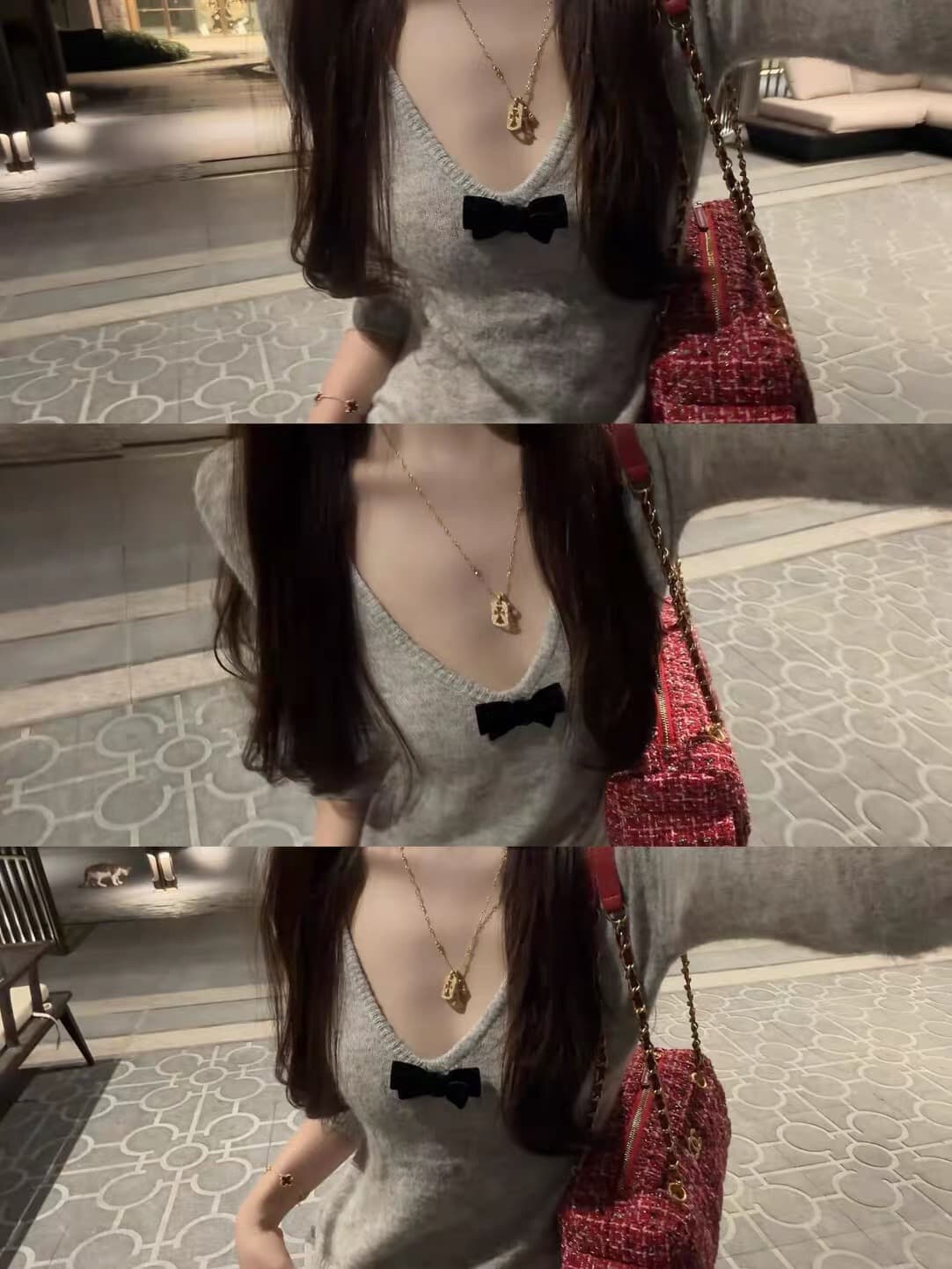 그는 비서 인터넷 유명인 같은 단락 둘 착용 벨벳 나비 니트 맨위 대 네클라인 깊은 v 분위기 센스 스웨터 여자 상세 이미지 1