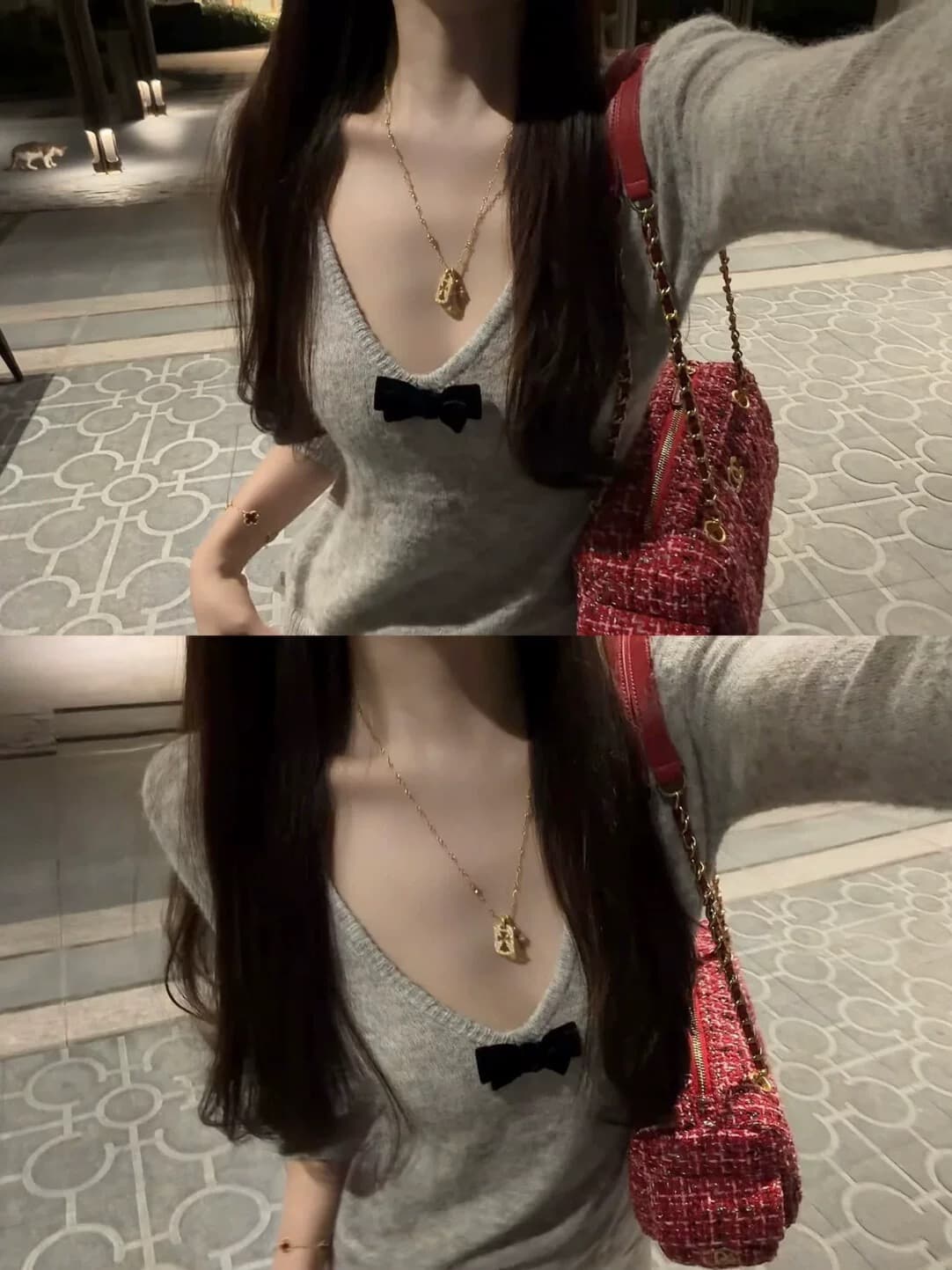 그는 비서 인터넷 유명인 같은 단락 둘 착용 벨벳 나비 니트 맨위 대 네클라인 깊은 v 분위기 센스 스웨터 여자 상세 이미지 3
