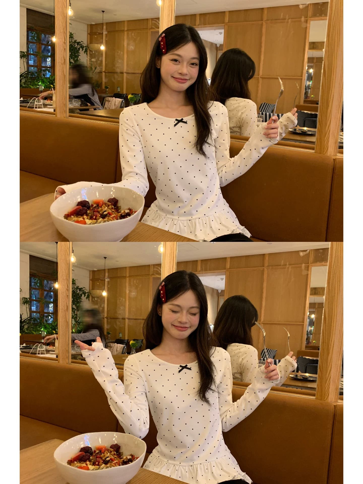 송 긍정적 인 En 도트 무늬 인사이드 가져 가라. 기본 셔츠 여성 봄 2026 년 레이스 밑단 스택 착용 몸매 가꾸기 긴팔 티셔츠 맨위 이미지 3