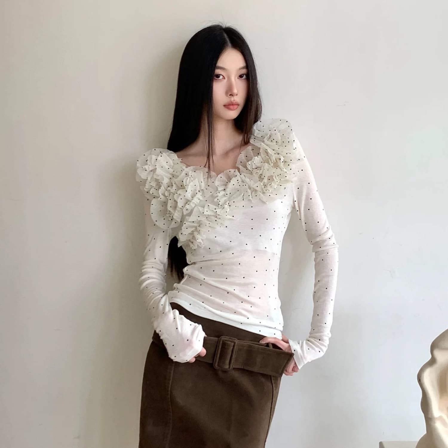 moxi 라이 경기 서울 양모 도트 무늬 목이버섯 레이스 신축성 낮은 네크라인 긴팔 만나는 티셔츠 이미지 5