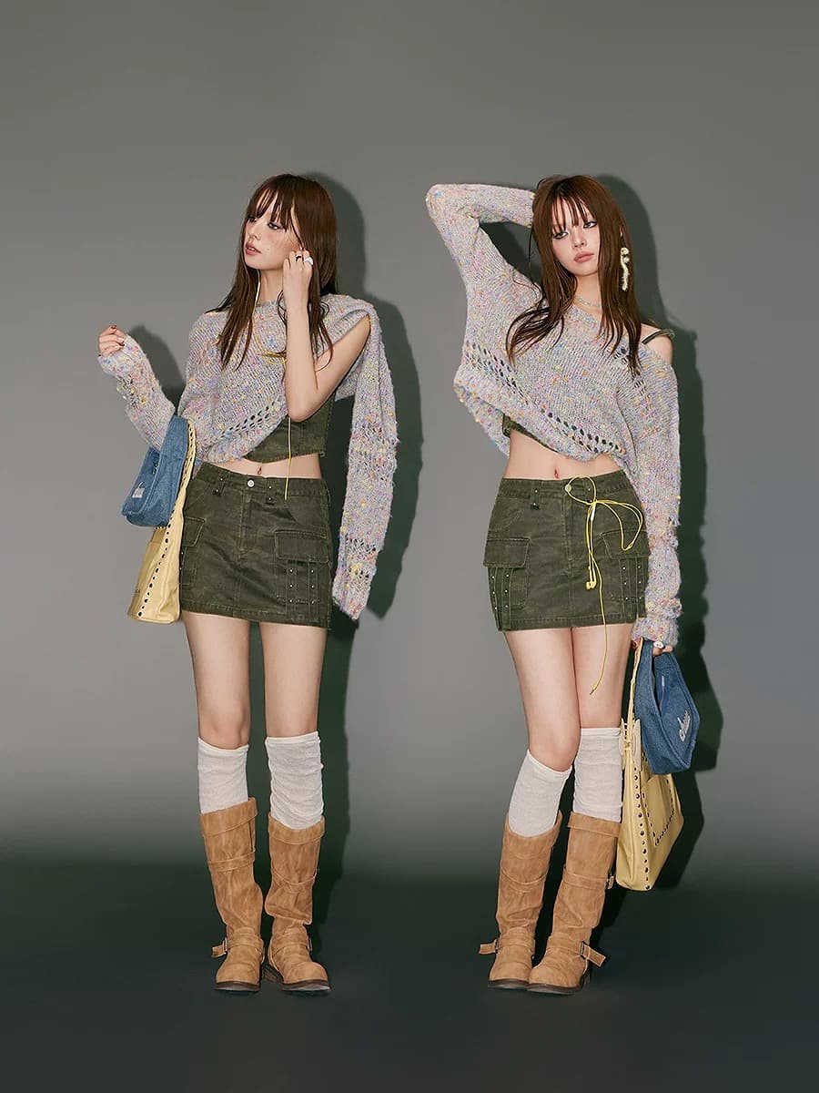 장 시 아이 같은 단락 chuu 색상 도트 니트 스웨터 여성 2026 봄 홀로우 아웃 꽃무늬 오프숄더 맨위 이미지 4