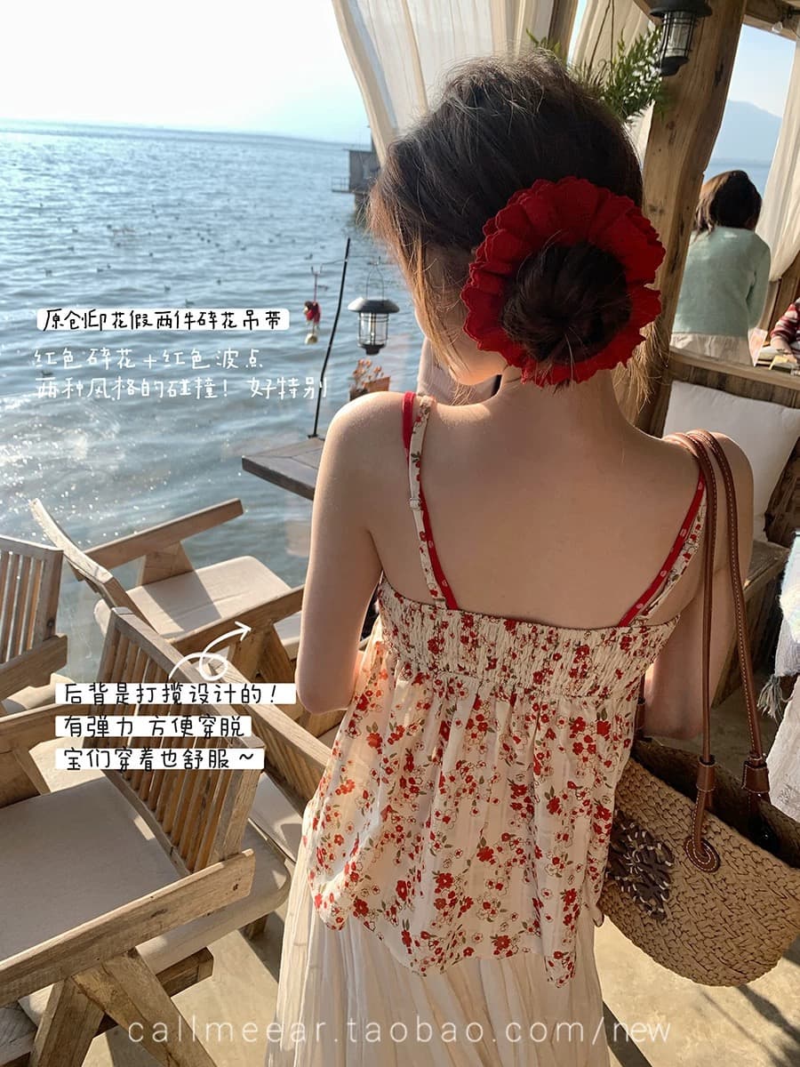 callmeear 오리지널 배색 꽃무늬 슬립 페이크 레이어드 V넥 순수한 욕망 조끼 여성 여성 달콤함 맨위 이미지 4