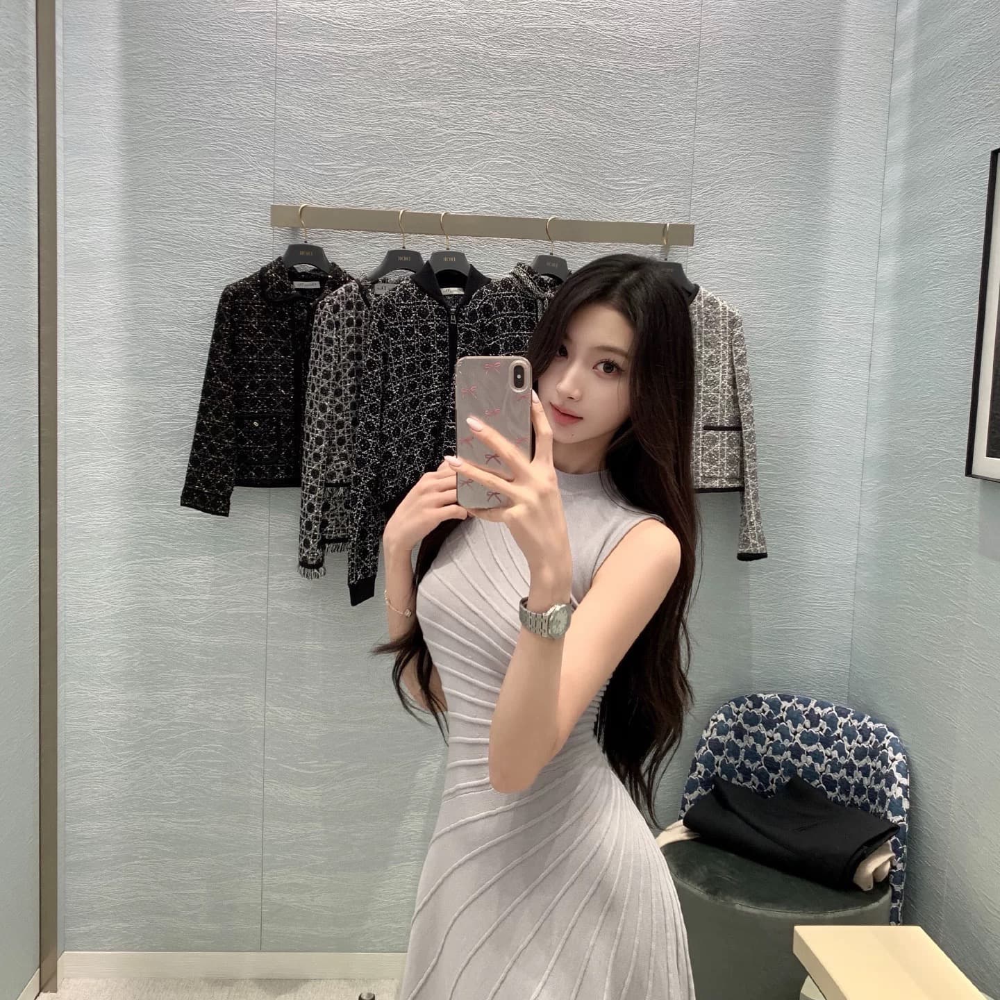 okmashop 부드러운 필터 보라색 니트 여성 드레스 봄 품격 치마 몸매 가꾸기 조끼 허리 수축 롱 스커트 상세 이미지 5