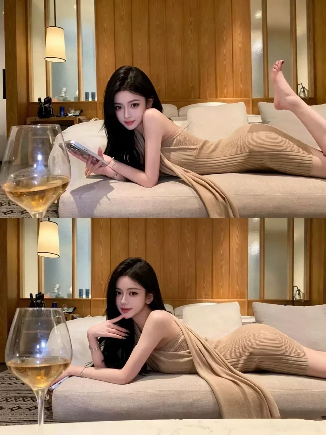 jayky yang 모네 속삭임 비스듬한 어깨 패치워크 리본 드레스 높음 폭탄 순수한 욕망 스트라이프 타이트 스커트 이미지 3