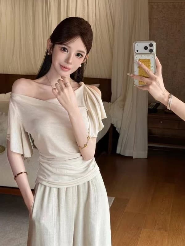 핑크색 丨 흐름 구름 청소 결점 프랑스식 부드러운 바람 쌀 살구 색상 흔들다 칼라 오프숄더 티셔츠 허리 수축 주름 프릴 이미지 2