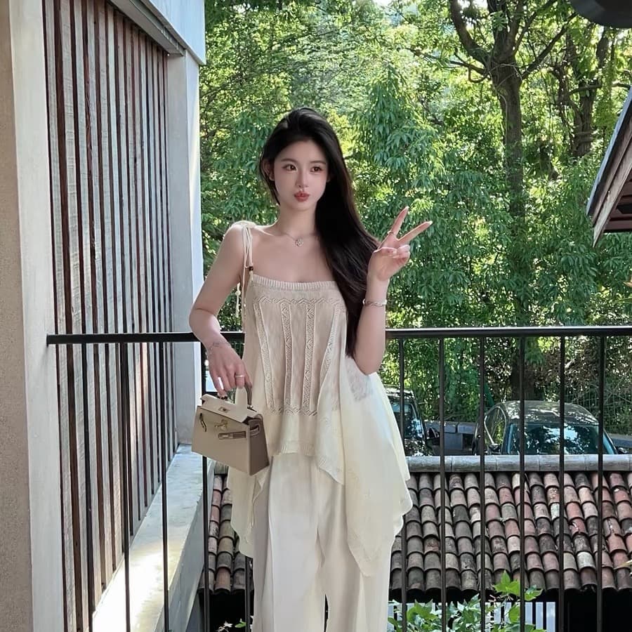 fairyjiang 여름 보헤미안 바람 화이트 홀로우 아웃 니트 캐미솔 외출용 얇은 스타일 맨위 이미지 5