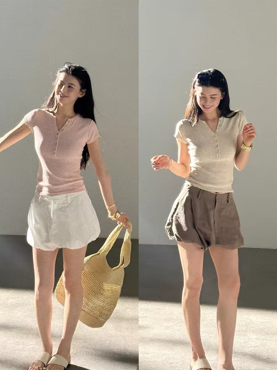 heygirl 블랙 형제 제인 부서 아마 t 질감 센스 헨리 칼라 조개 버클 몸매 가꾸기 반팔 티셔츠 여성 여름 맨위 상세 이미지 1