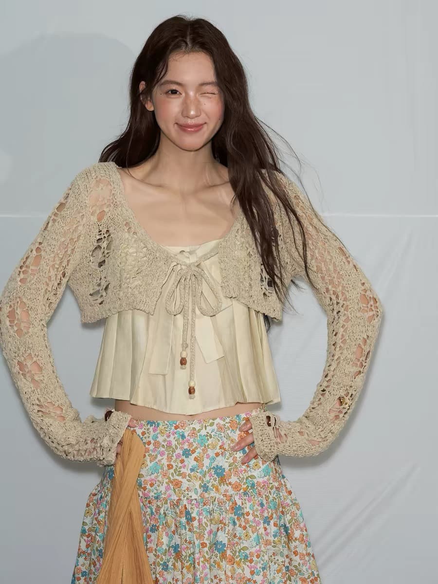 soolrok 소나무 아니요 라임 하나 여름 오리지널 패치워크 니트 홀로우 아웃 쇼트 스타일 다용도 자외선 차단 오픈 가디건 맨위 이미지 2